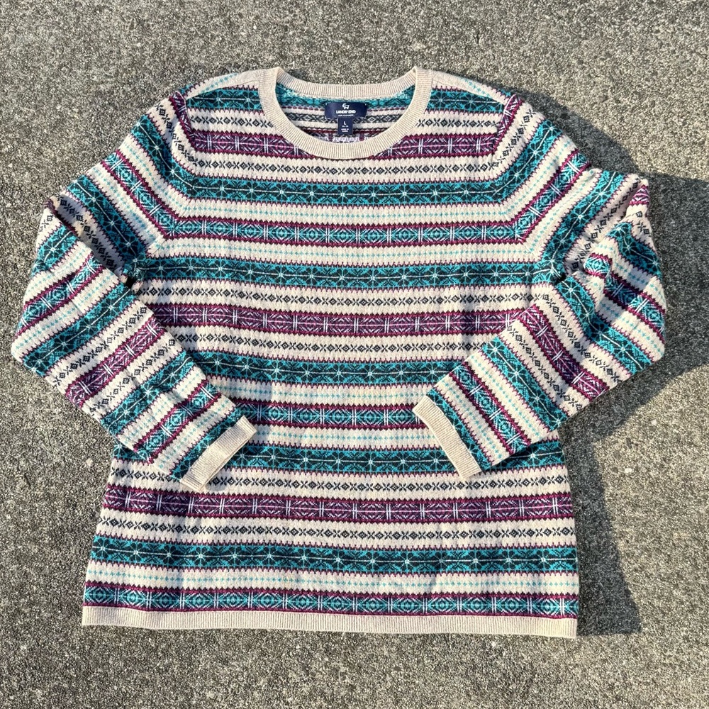 Lands’ End Cashmere Blend Fair Isle Sweater Size L Cozy Winter Knit